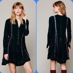 Free People FP One Womens Boho Black Long Sleeve Guaze Lace Dress