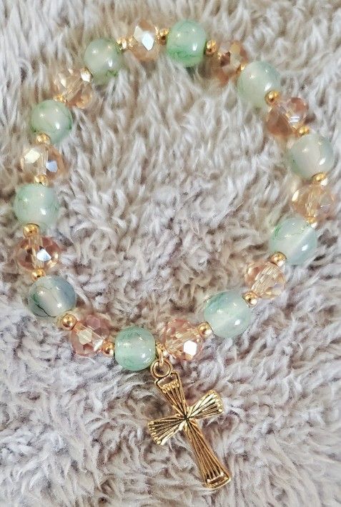 Goldtone And Genuine Stone Cross Bracelet