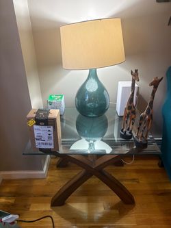Glass Top End Table with Wood Base