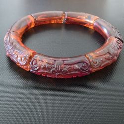 RARE Genuine Amber Carved Floral Chunky Tube Bead Stretch Bracelet Tested HTF