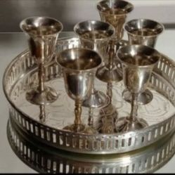 Beautiful Vintage Set of 6 Indian silver plated cordial glasses with etched serving tray. Made For The Hudson Bay Company