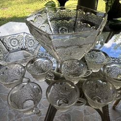 Carved Glass Punch Bowl,  Medium Bowl, And 8 Cups