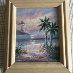 Vintage Sunset Lighthouse Original Oil Painting, Artist Thomas