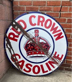 Antique Vintage Red Crown Porcelain Sign Old Man Cave Texaco Mobilgas Mid Century Modern