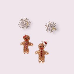 Betsy Johnson Holiday Earrings Mismatch Gingerbread & Snowflake Stud Earrings