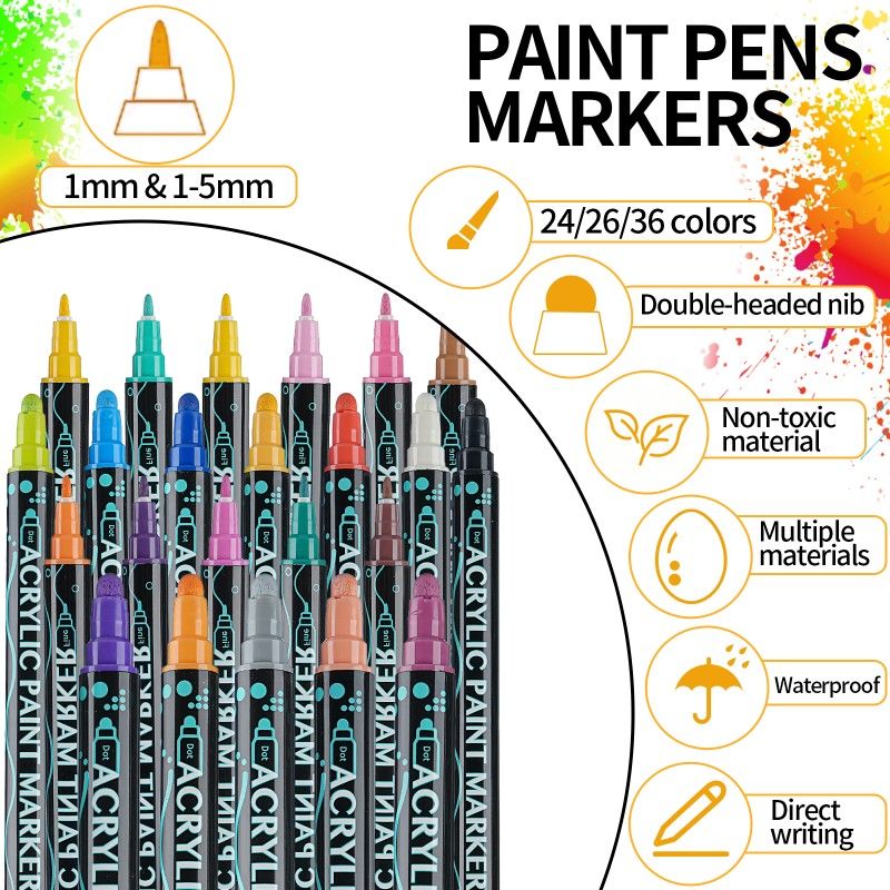 24 Colors Dual Tips Art Marker Drawing Acrylic Paint Marker Pens Set For Rock Painting Ceramic Glass Wood