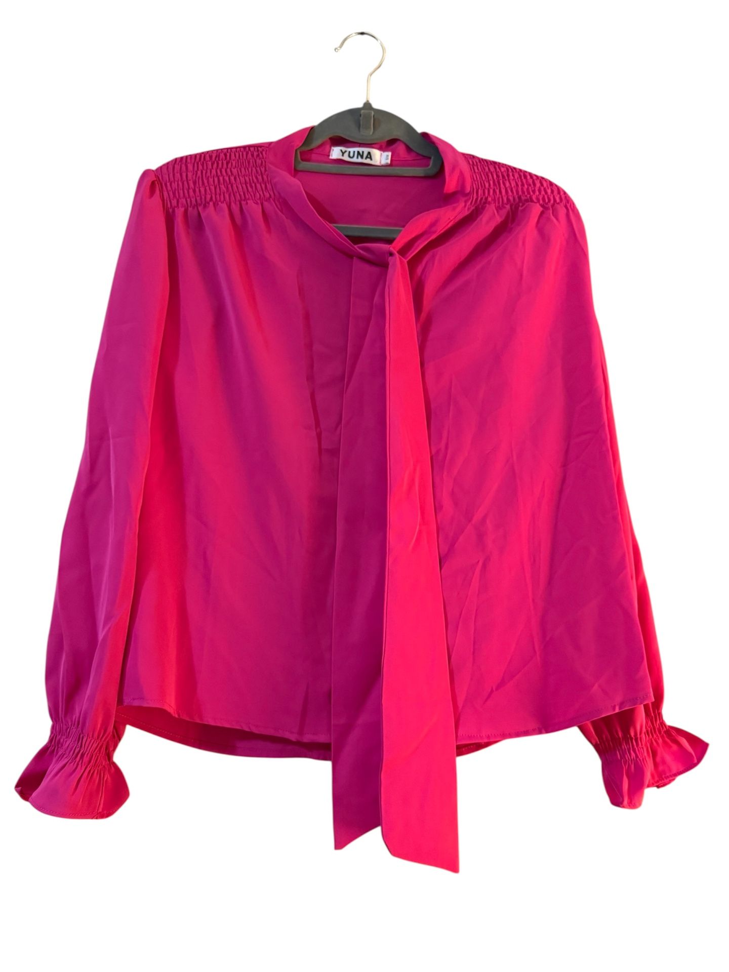 Womenās Fuchsia Blouse ā Long Sleeve with Tie Neck & Smocked Shoulders