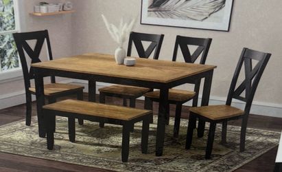 Complete 6 piece dining room wood table and chairs set