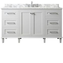 Home Decorators Collection Heathermore 60 in. W x 22 in. D in Dove Grey with Marble Top in Carrera with White Basins