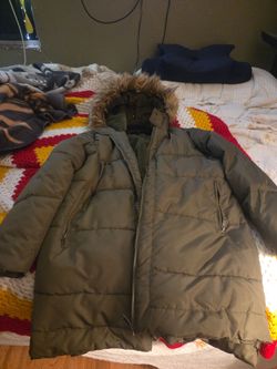 Olive Green Puffer Jacket with Faux Fur Hood