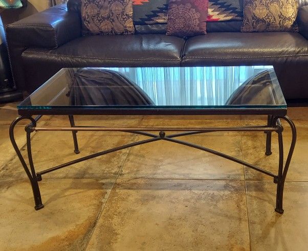 Vintage mid century glass and forged iron coffee table
