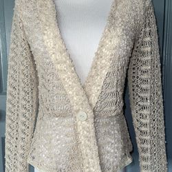 Reina Diaz Beige Lace Sparkling Button Down Cardigan.