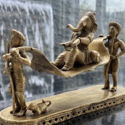 Heavy Weight Solid Brass 7.6 Lbs Lord Ganesh With 2 Servants In A Procession Home decor