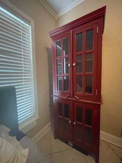 Tall Cherry Red Wooden Glass Door Display Cabinet and Storage Hutch