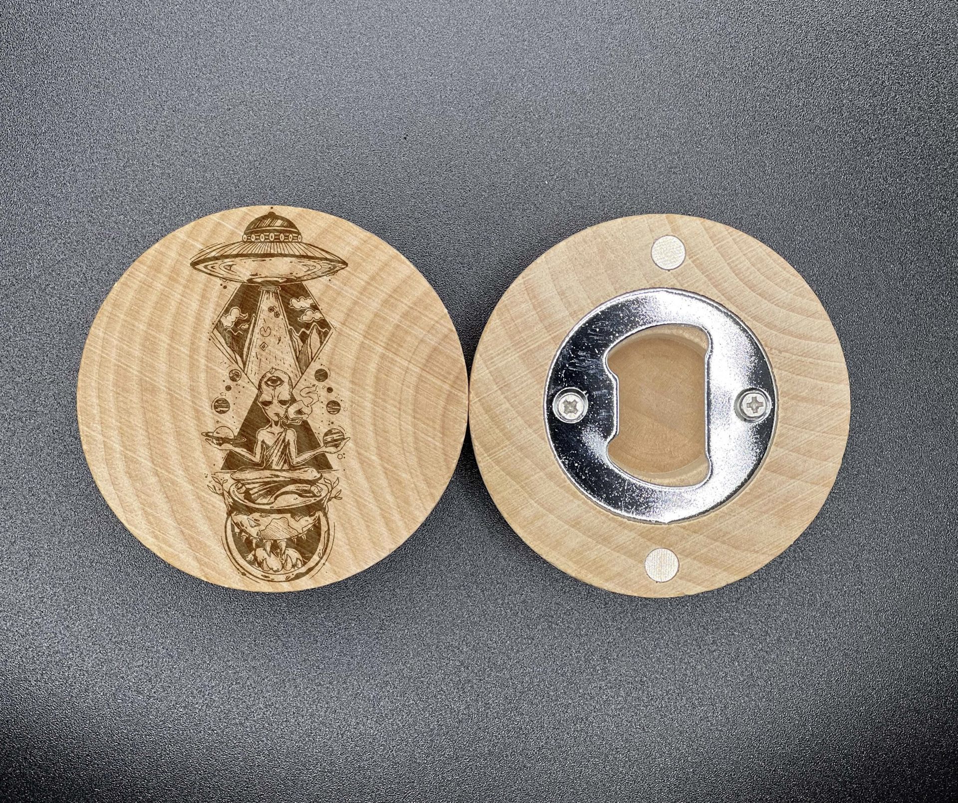 Alien planet laser engraved wood fridge magnet bottle opener pop gift