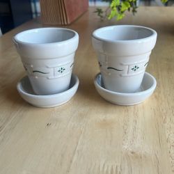 Longaberger , Pottery, Small Planting Pots, Ivory, And Green
