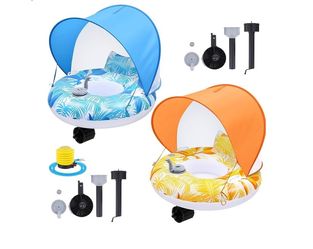 ShinyRelief 2Sets Motorized Pool Float for Adults, Electric Inflatable Pool Lounger with Canopy, Float Chair Tube with Pusher Handles, Cup holder, Foo