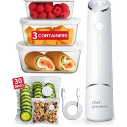 Chef Preserve Compact Vacuum Sealer for Food (Vacuum Sealer Machine + 3 Glass Vacuum Containers + 30 Reusable Vacuum Bags) Powerful Handheld Vacuum Se