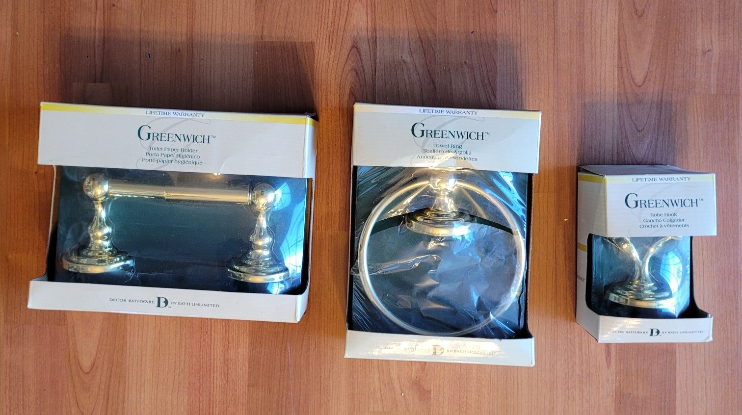 GREENWICH ALL 3 PIECES BATH HARDWARE, BRAND NEW IN BOX. ROBE HOOK, TOILET PAPER HOLDER, TOWEL RING. $25