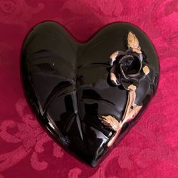 Vintage Black Asymmetrical Heart-Shaped Trinket Box Black Rose Gold Accents 5”