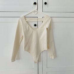 By Anthropologie Cream Ribbed Long Sleeve Bodysuit Open Back Top Size L/XL