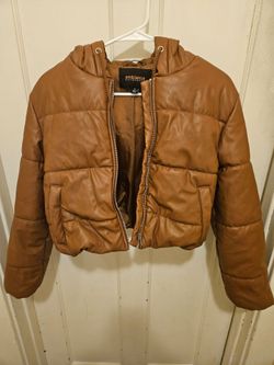 Ambiance Outerwear Brown Faux Leather Puffer Jacket - Size S