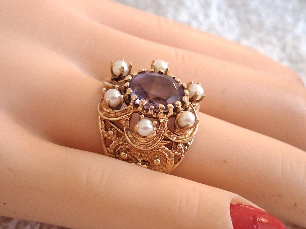 Vintage 6.7 Grams 14K 2CT Amethyst 6 Pearls Floral Edwardian Victorian