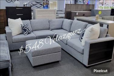 ✅️4 pc grey boucle fabric upholstered sectional sofa with storage arms and ottoman✅️✅️