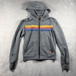 Aviator Nation Women’s XS Gray Hoodie Rainbow 5 Stripe Distress Full Zip #1242