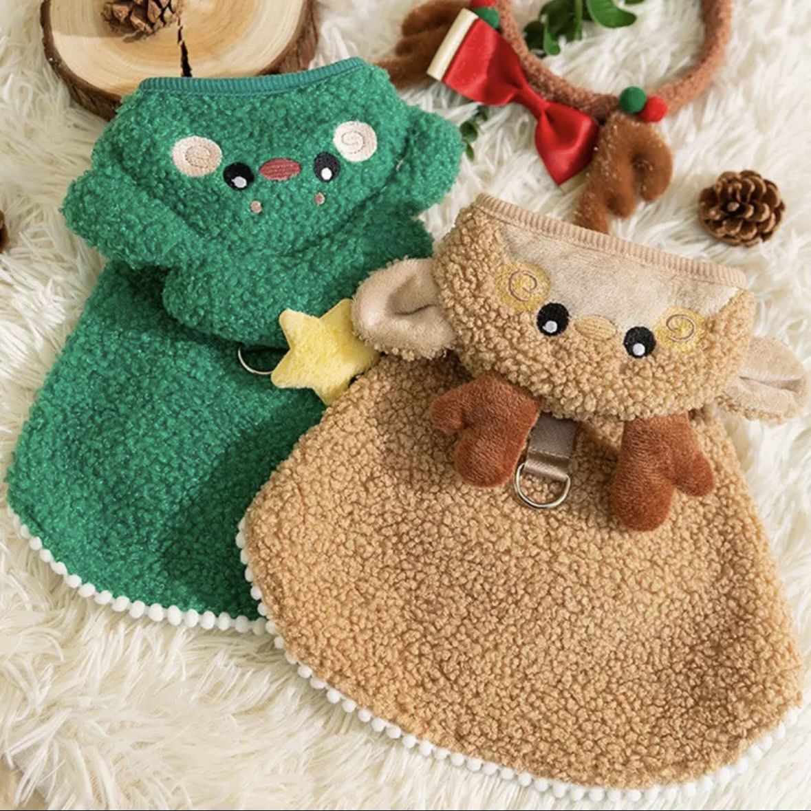 Christmas Reindeer & Christmas Tree Costume for Cats & Small Dogs - Warm Faux Fur Lined Hooded Sweater with Antlers, Green & White Plaid Scarf, and Fe