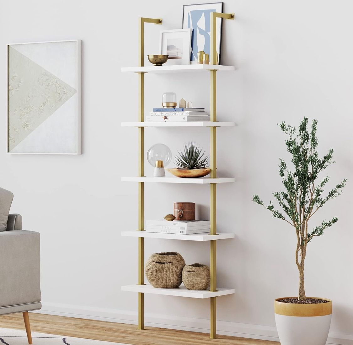 Modern 5-Shelf Bookcase Wall Mount Industrial Metal Frame White/Gold