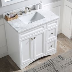 36”white single sink bathroom vanity with carrara white marble stone top