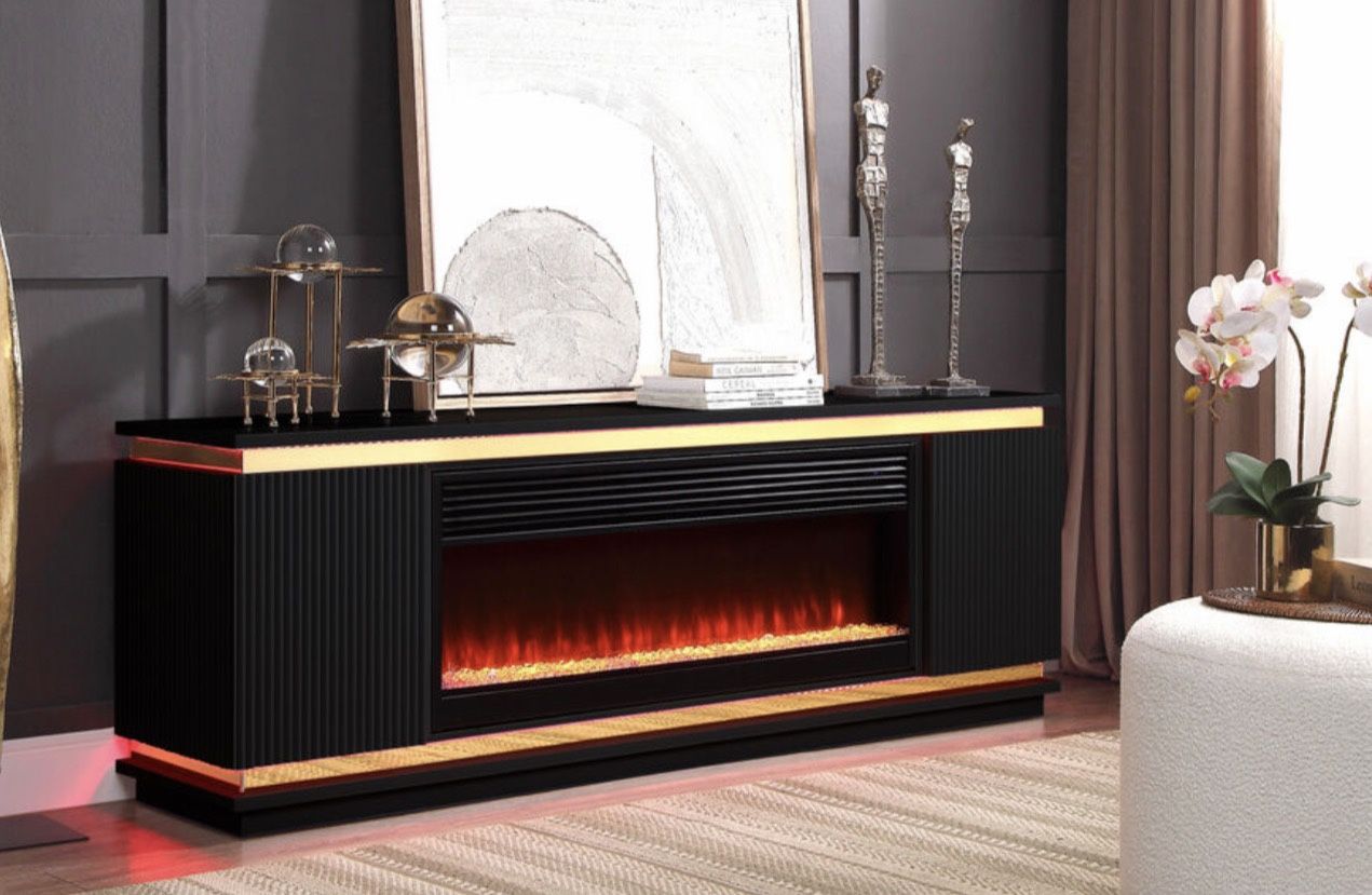 70.5"W Black Finish TV Stand with Fireplace, Heater, and Speaker
