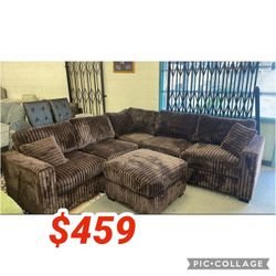 Brown corduroy sectional sofa with ottoman 99"W X 99" W  X 34"H // Super Sale !