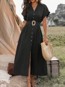 Black Short-sleeved Buttoned-down Dress - XL