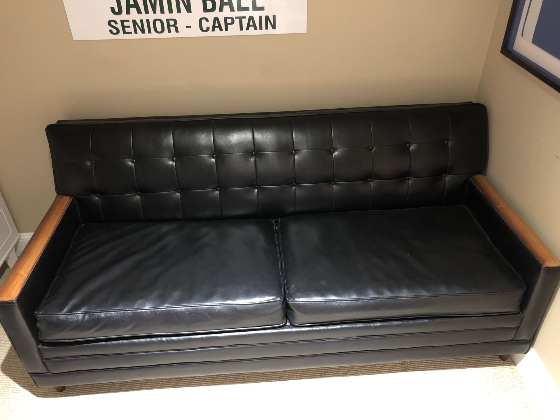 Mid Century Black Leather Couch