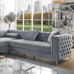 Brand New In Box Firm Price $1,090 Grey Crystal Tufted Sectional With Storage Pillows Included Chrome Legs Nailhead Trim