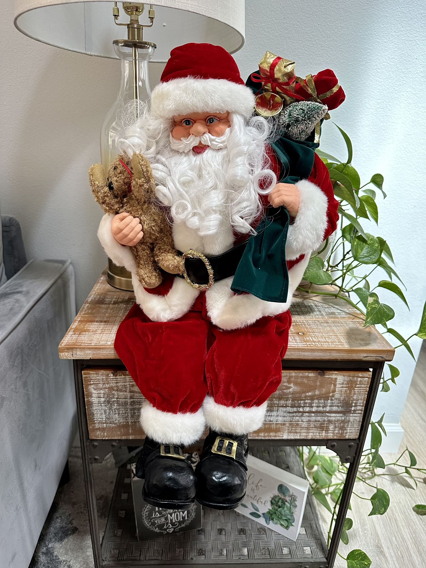 Santa Claus Shelf Sitter With Bag Of Presents Hugging Teddy Bear Christmas