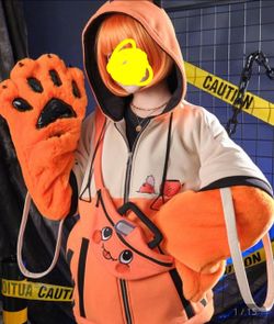 Pochita wood woof Chainsaw Derivative Pullover Hoodie with Detachable Bag Design Furry Paw Gloves Orange Hooded Zipper Sweatshirt with Bag