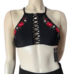 Hollister Black Embroidered Red Flower Halter Bathing Top Criss Cross Size: S
