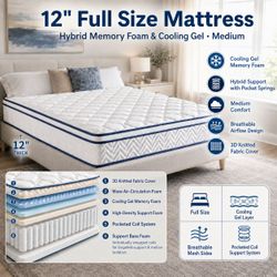 Full size mattress 12" hybrid memory foam cooling gel MEDIUM