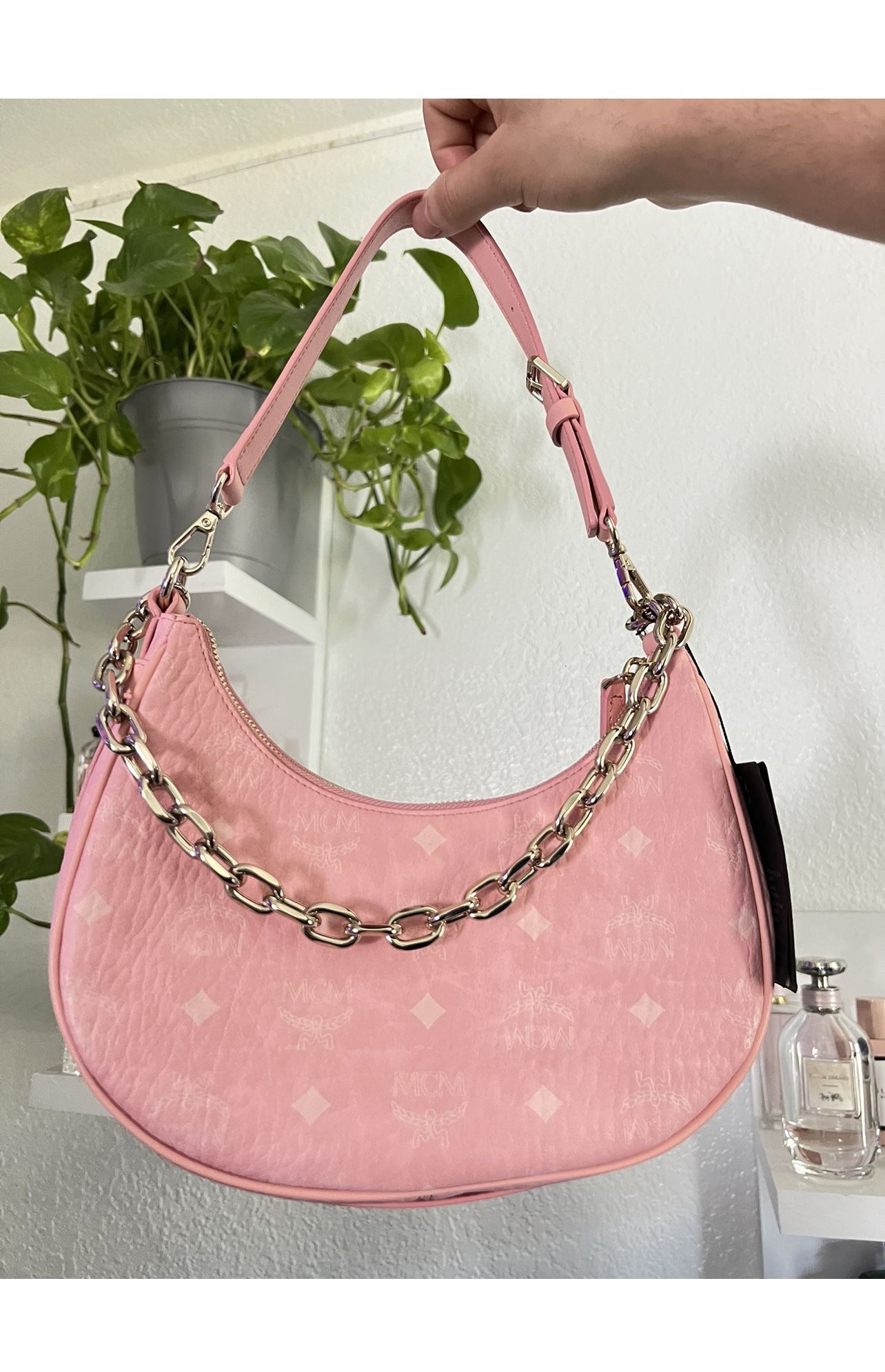 Pink MCM Aren Crescent Shoulder Bag 