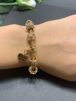 18K Gold Plated Crystal Rhinestone Star Love Heart Charm Bracelet, I love you