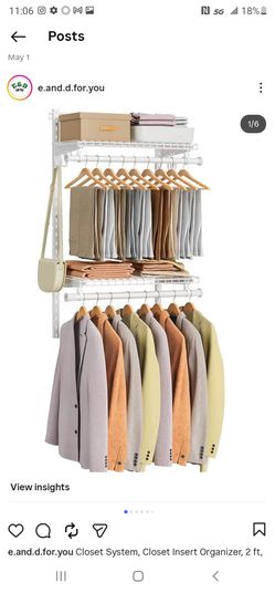 Closet System, Closet Insert Organizer, 2 ft, Adjustable Metal Shelving Unit with 2 Hanging Rods, 2 Shelves, and Hooks, for Pantry Mudroom Garage Base