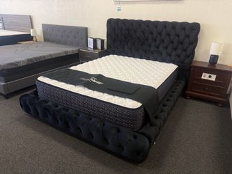 Black Velvet Tufted Sleigh Bed Frame