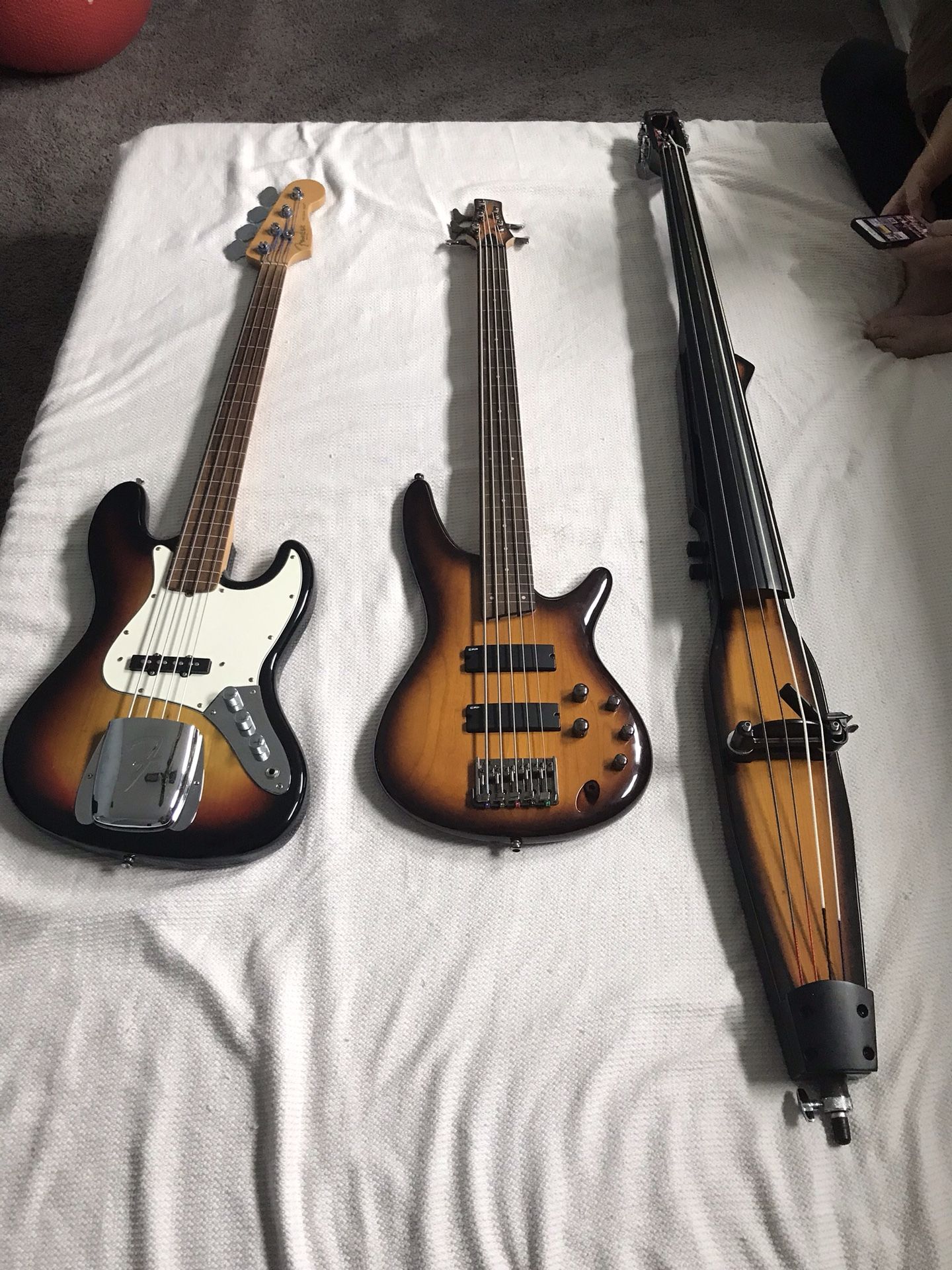 Bass Guitars Fender Jazz Bass, 5 string Ibanez, Stagg Electric Stand up bass ALL MINT for Sale