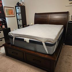 Queen Sized Bedframe, heavy duty wood with 6 drawers