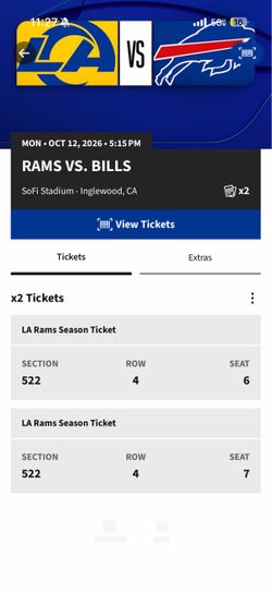 2x LA Rams vs Bills NFL Tickets Oct 2026