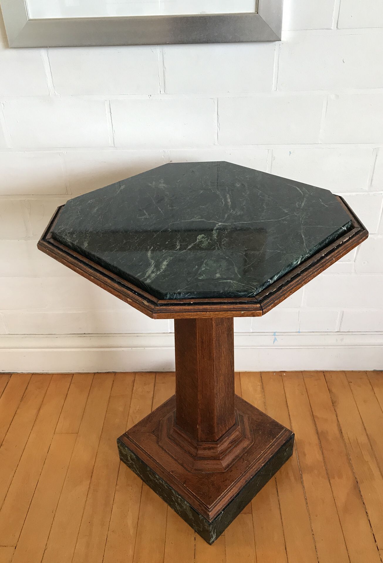 OAK PEDESTAL TABLE WITH MARBLE TOP AND BASE
