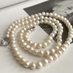 Pearl Necklace with Diamond Accented Sterling Buckle Clasp 925 82g 30in